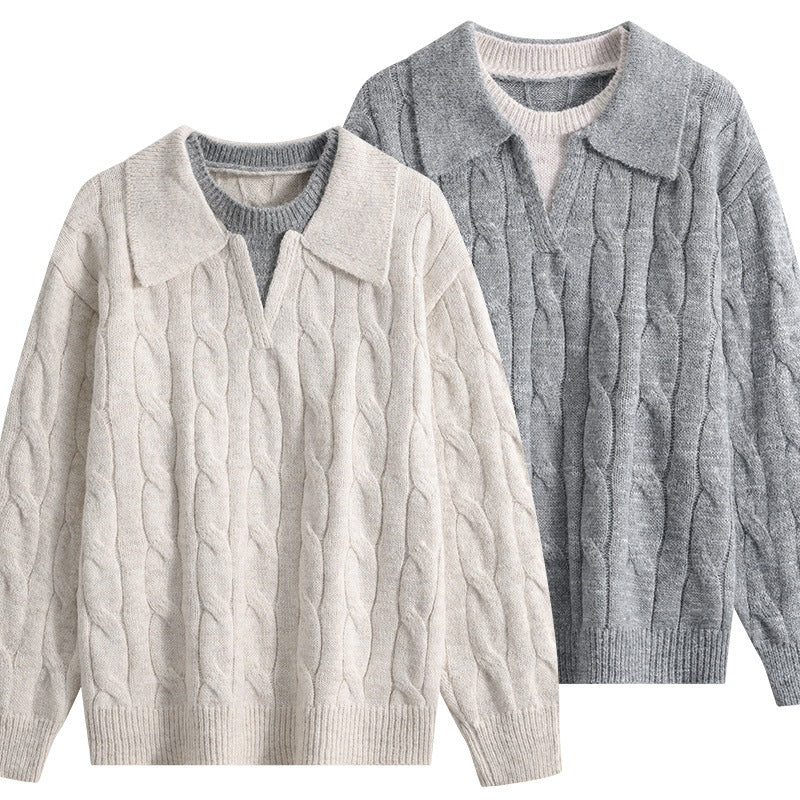 Damen Oversize Grobstrick-Pullover mit Polokragen und Zopfmuster Drune