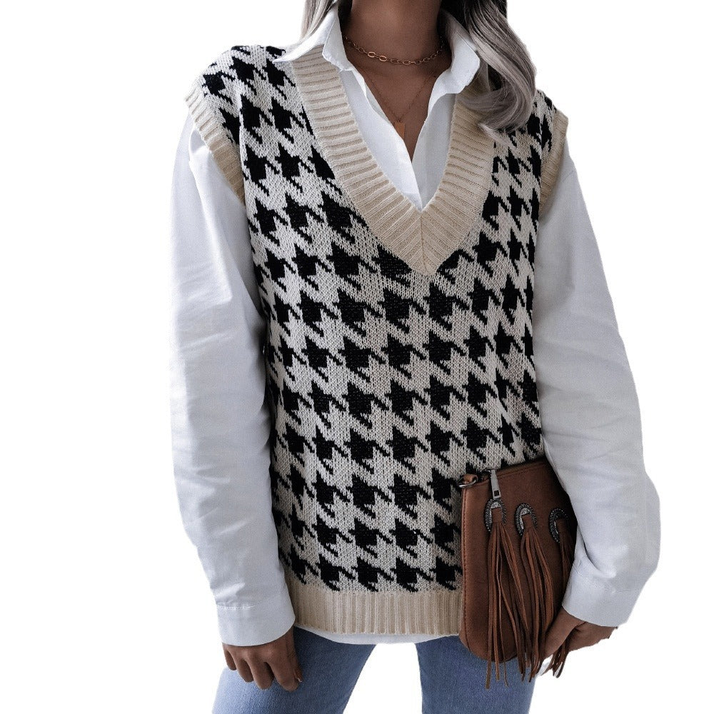 Damen Rippstrick-Weste mit V-Ausschnitt und Hahnentritt-Design Drune