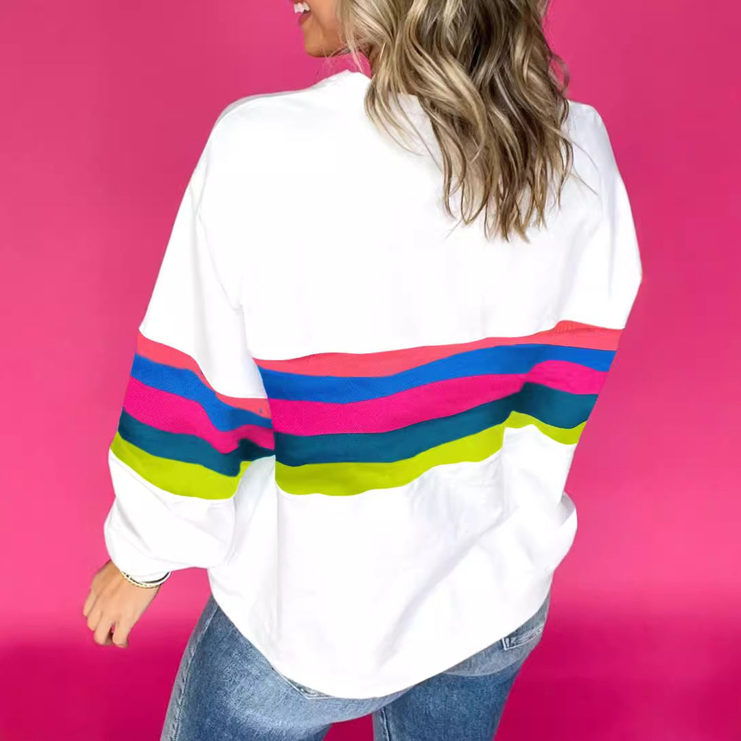 Damen lässiges Oversized-Sweatshirt mit bunten Streifen und tieferem Rundhalsausschnitt Drune