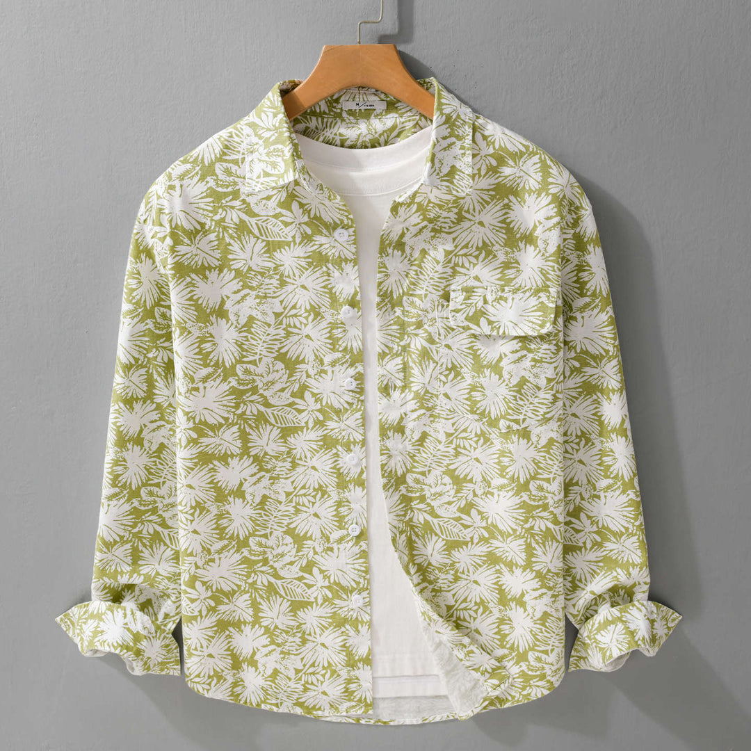 Damen Leichtes Blumenprint-Overshirt aus Leinen-Baumwollmix mit Kentkragen und Brusttasche Drune