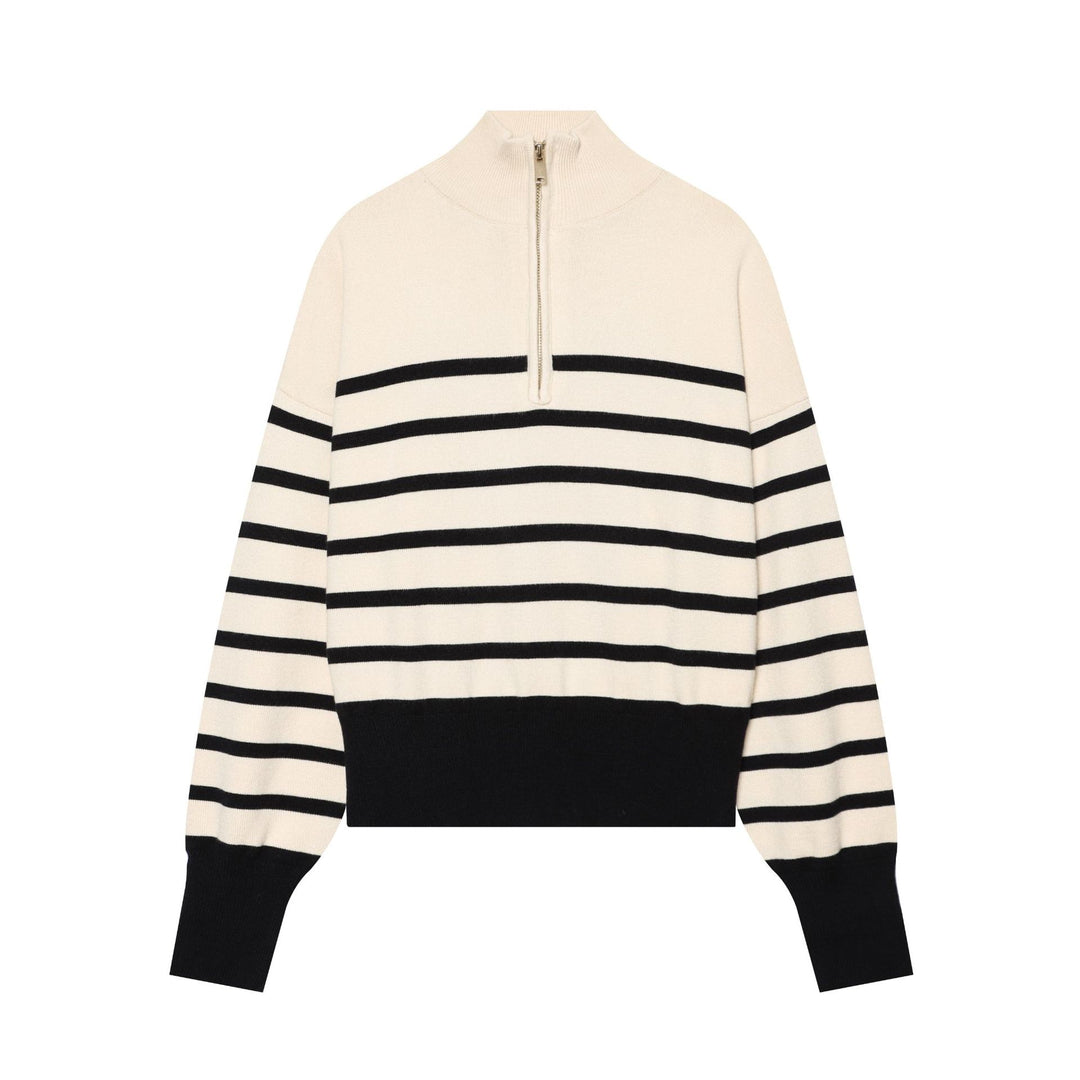 Damen Gestreifter Cropped Strickpullover mit halbem Reißverschluss und Stehkragen Drune