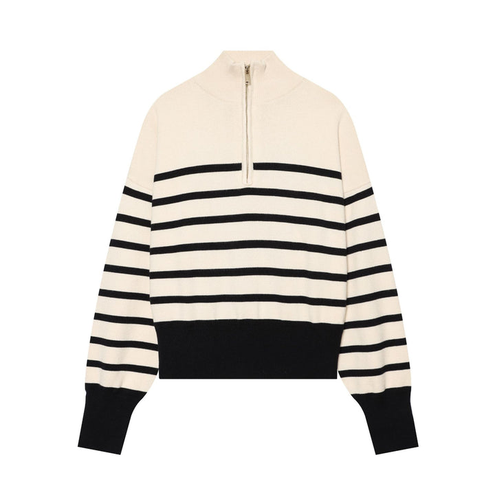 Damen Gestreifter Cropped Strickpullover mit halbem Reißverschluss und Stehkragen Drune