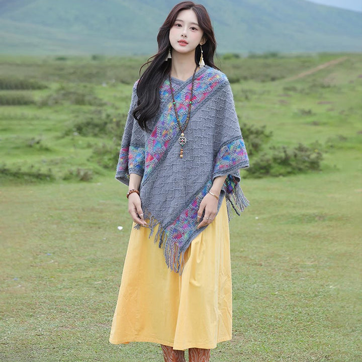 Damen Oversize-Poncho mit Fransen und geometrischem Jacquardbesatz Drune