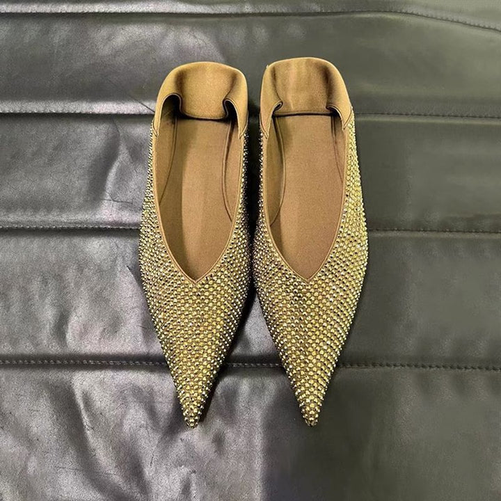 Damen Elegante spitz zulaufende Slipper‑Ballerinas mit Strassnetz und gepolstertem Komfortfußbett Drune