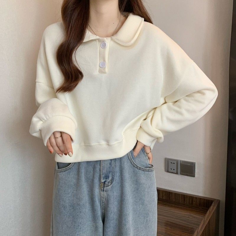 Damen Kurzarm Sweatshirt mit modischem Kragen und dekorativen Knöpfen Drune