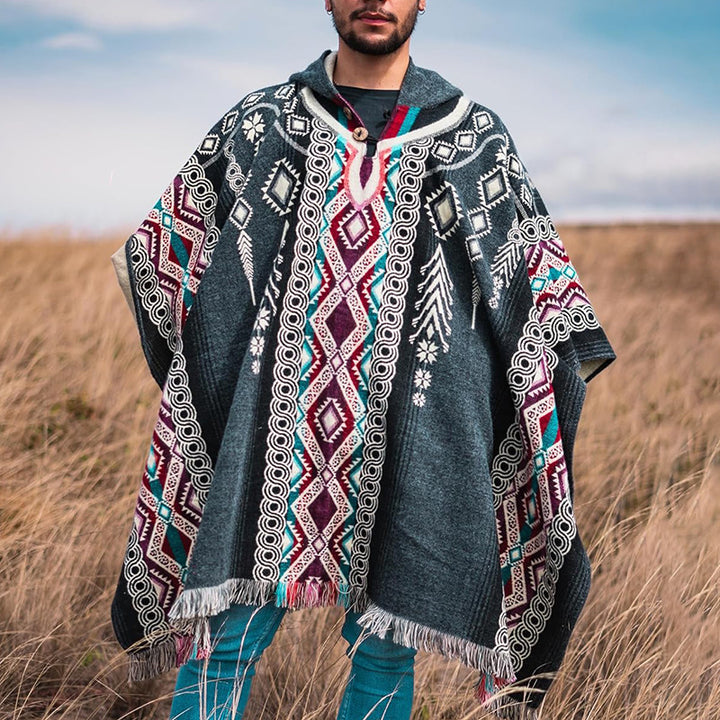 Herren Kapuzenponcho aus Wollmix mit Fransen und Ethno‑Jacquardmuster Drune