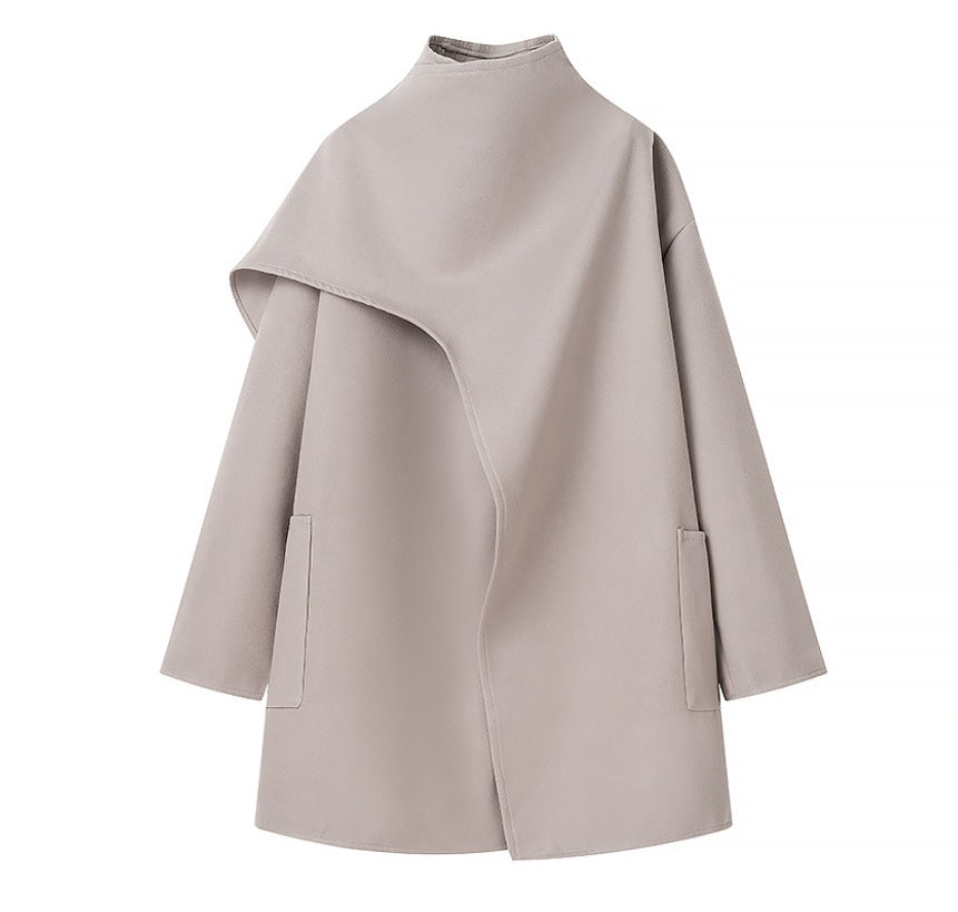 Damen 40+ asymmetrischer Wollmix Cape‑Mantel mit Stehkragen Drune