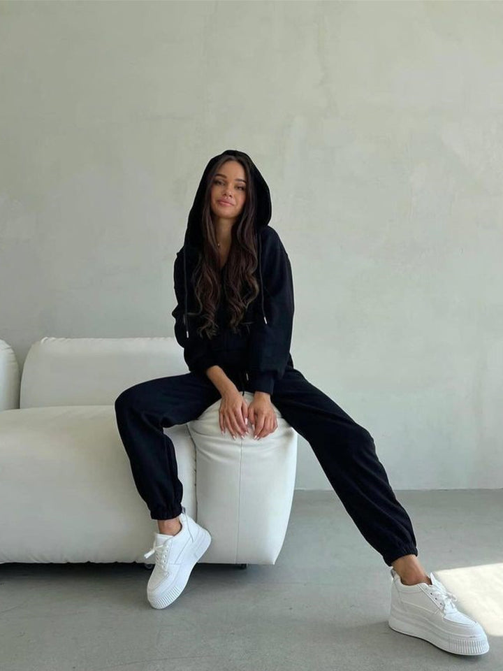 Damen lässiges Kapuzen-Sweatshirt und Jogginghose Set in Oversize-Passform mit Reißverschluss und Kängurutasche Drune