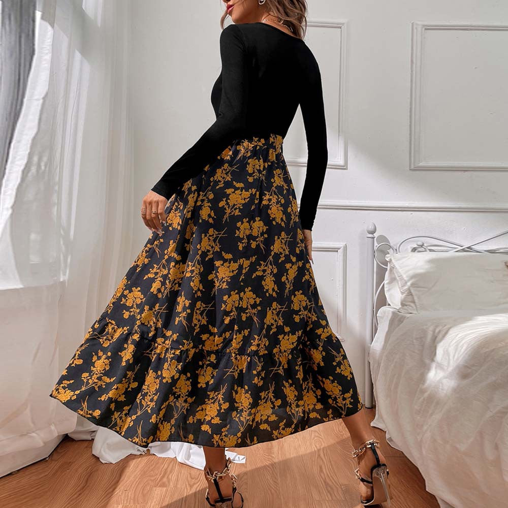 Damen figurbetontes V-Neck-Longsleeve Oberteil mit voluminösem Midi-Rock im floralem Wickelstil Drune