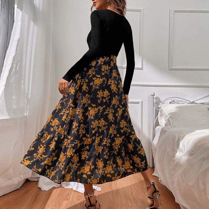 Damen figurbetontes V-Neck-Longsleeve Oberteil mit voluminösem Midi-Rock im floralem Wickelstil Drune
