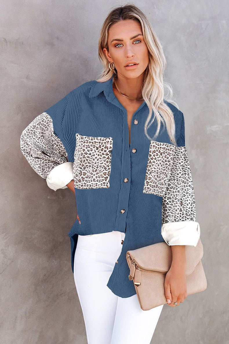 Damen Oversize-Cordhemd mit durchgehender Knopfleiste, Leo-Kontrastärmeln und aufgesetzten Taschen Drune