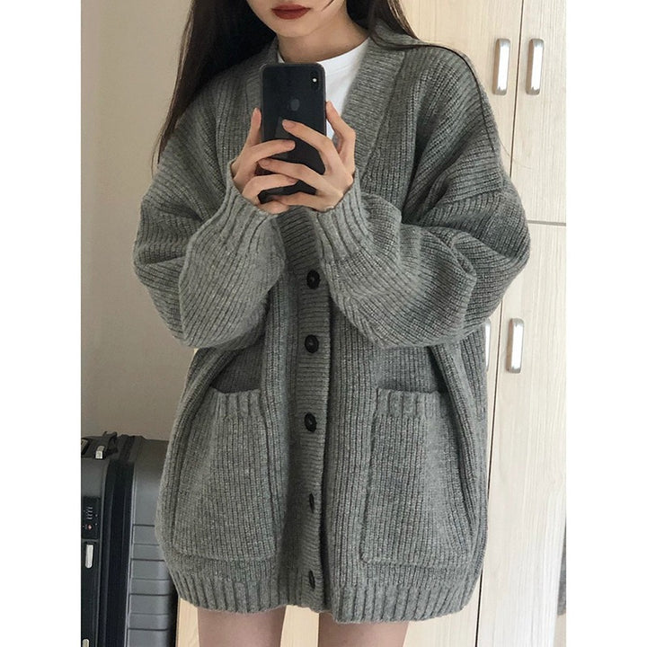Damen Großer Strickcardigan mit tiefem V-Ausschnitt und praktischen Taschen Drune