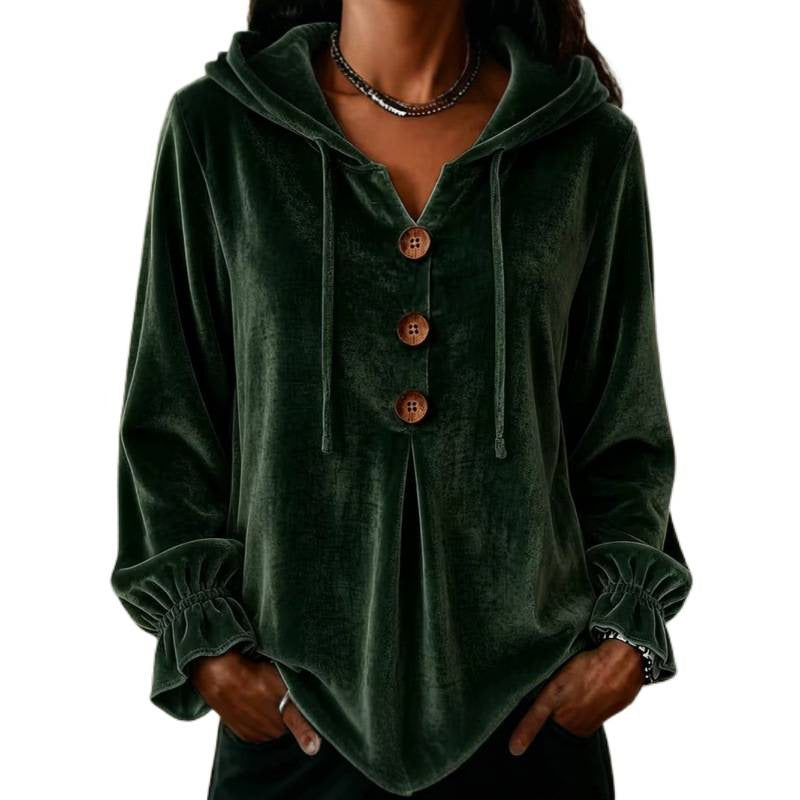 Damen Samt-Hoodie mit Holzknopfblende, Tunnelzug und gerafften Ärmeln Drune