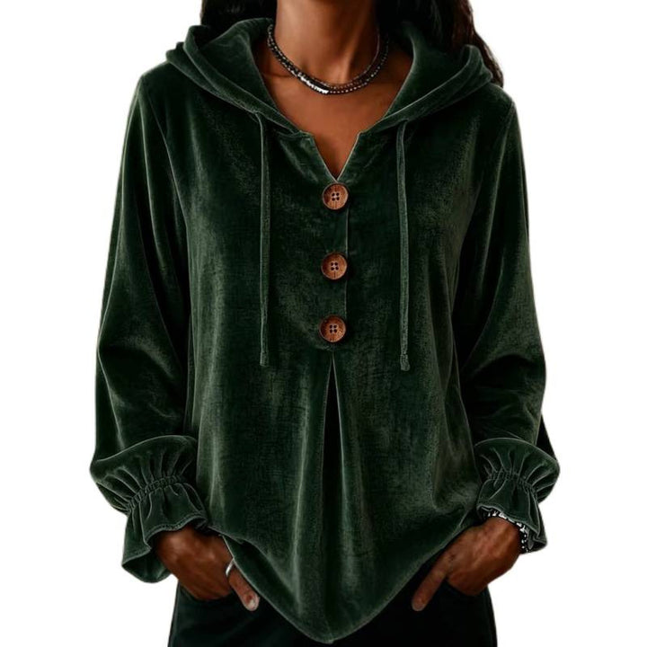 Damen Samt-Hoodie mit Holzknopfblende, Tunnelzug und gerafften Ärmeln Drune