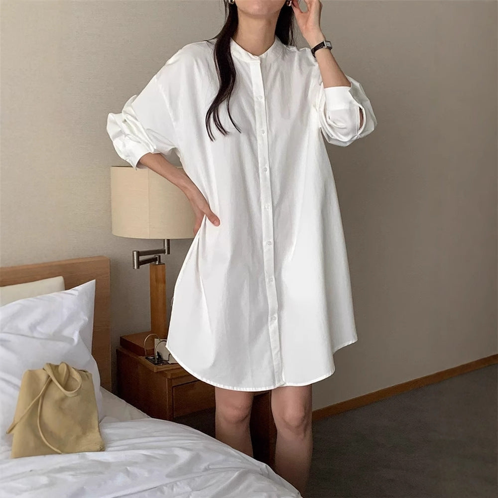 Damen Weites Baumwoll-Hemdblusenkleid mit Stehkragen, Oversize-Schnitt und gerundetem Saum Drune