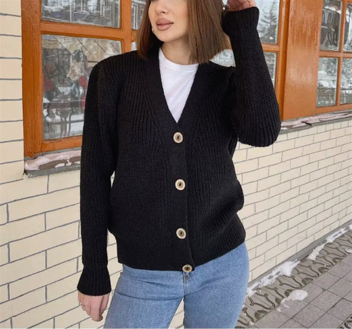 Damen Boxy-Grobstrick-Cardigan mit tiefer V-Leiste, Holzknopfverschluss und geripptem Saum Drune