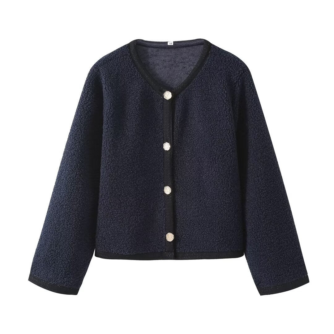 Damen Bouclé-Strickjacke mit Knopfleiste und Rundhalsausschnitt Drune