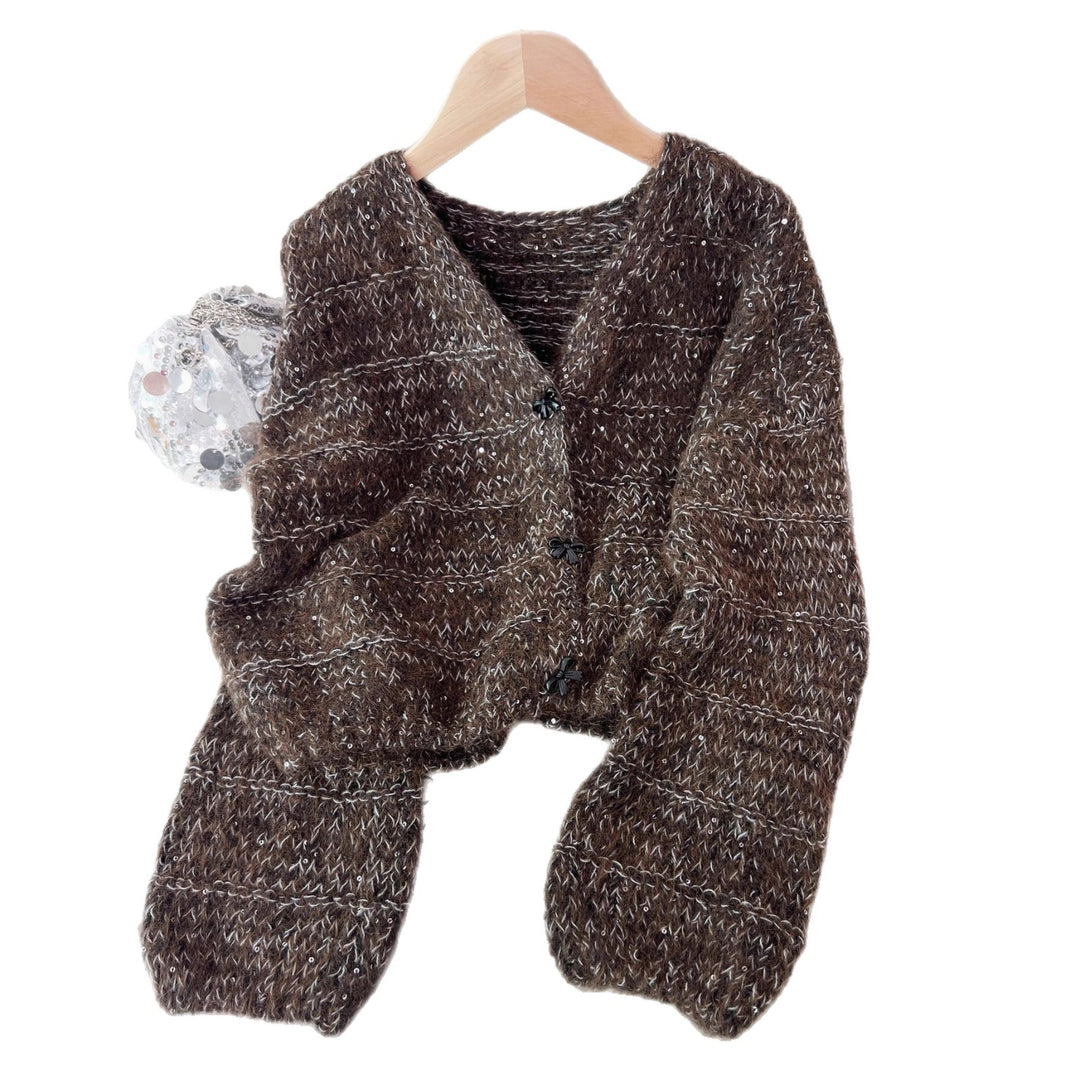 Damen luftige Strickjacke mit ballonärmel und zarten Knopfdetails Drune