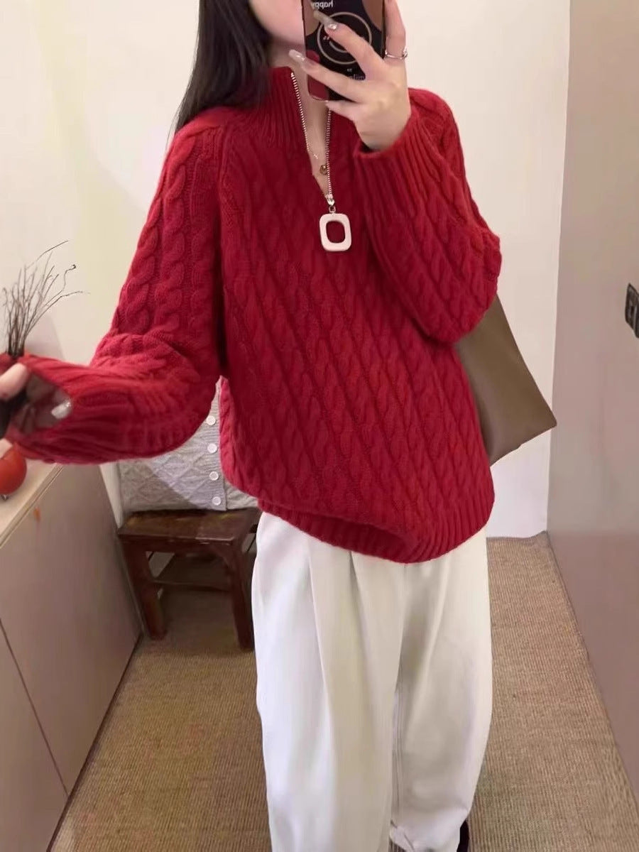 Damen Oversize Zopfmuster-Feinstrickpullover mit halbem Zipper und Stehkragen Drune