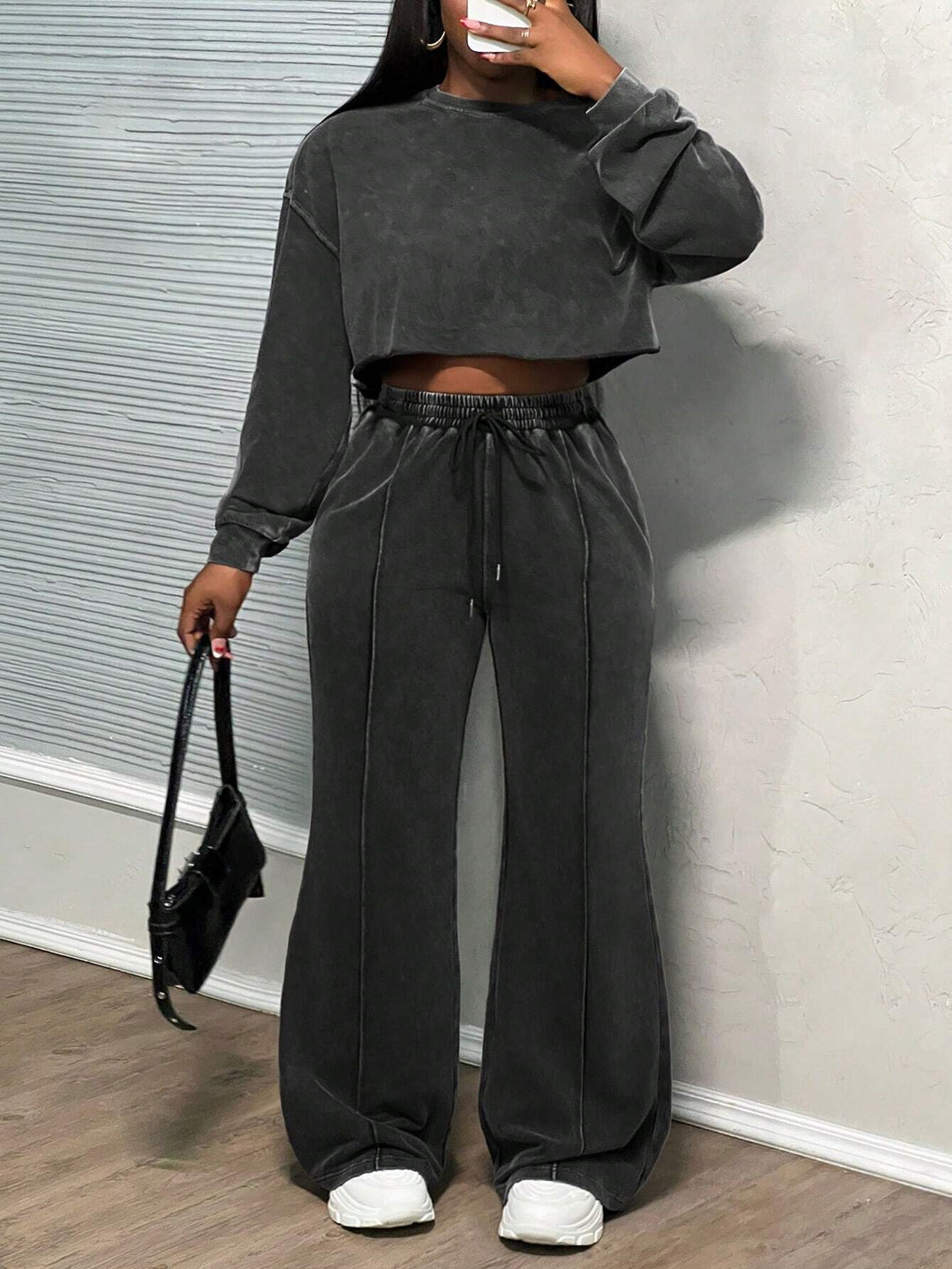 Damen cropped Loungewear-Set mit weitem Hosenbein und hohem Bund Drune