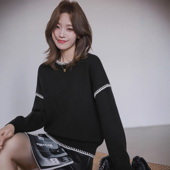 Damen lässiger Strickpullover mit kontrastierendem Saum und weichen Ärmeln Drune