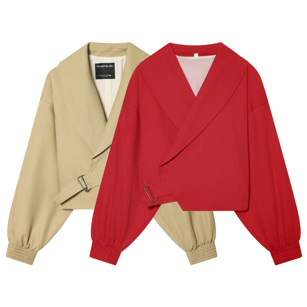 Damen nan kurze Wickeljacke mit großem Schalkragen, Taillengürtel und Ballonärmeln Drune