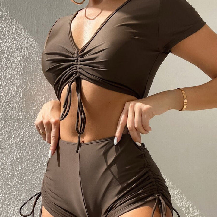 Damen Badeset mit gerafftem Oberteil und hoch tailliertem Slip Drune