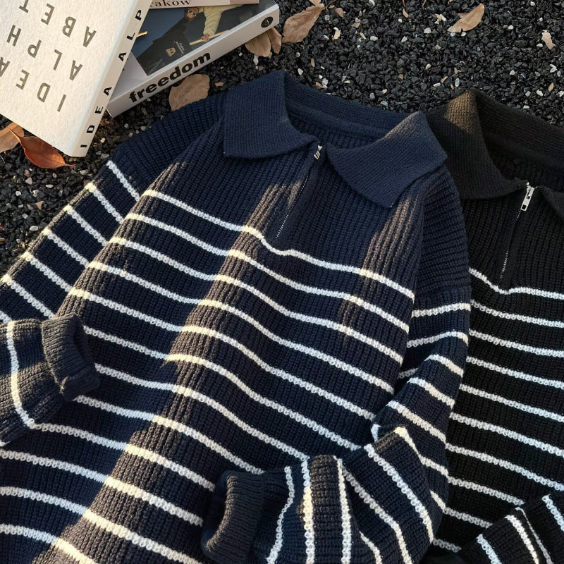 Unisex Grobgestrickter Oversize-Pullover mit halbem Reißverschluss und Polokragen Drune
