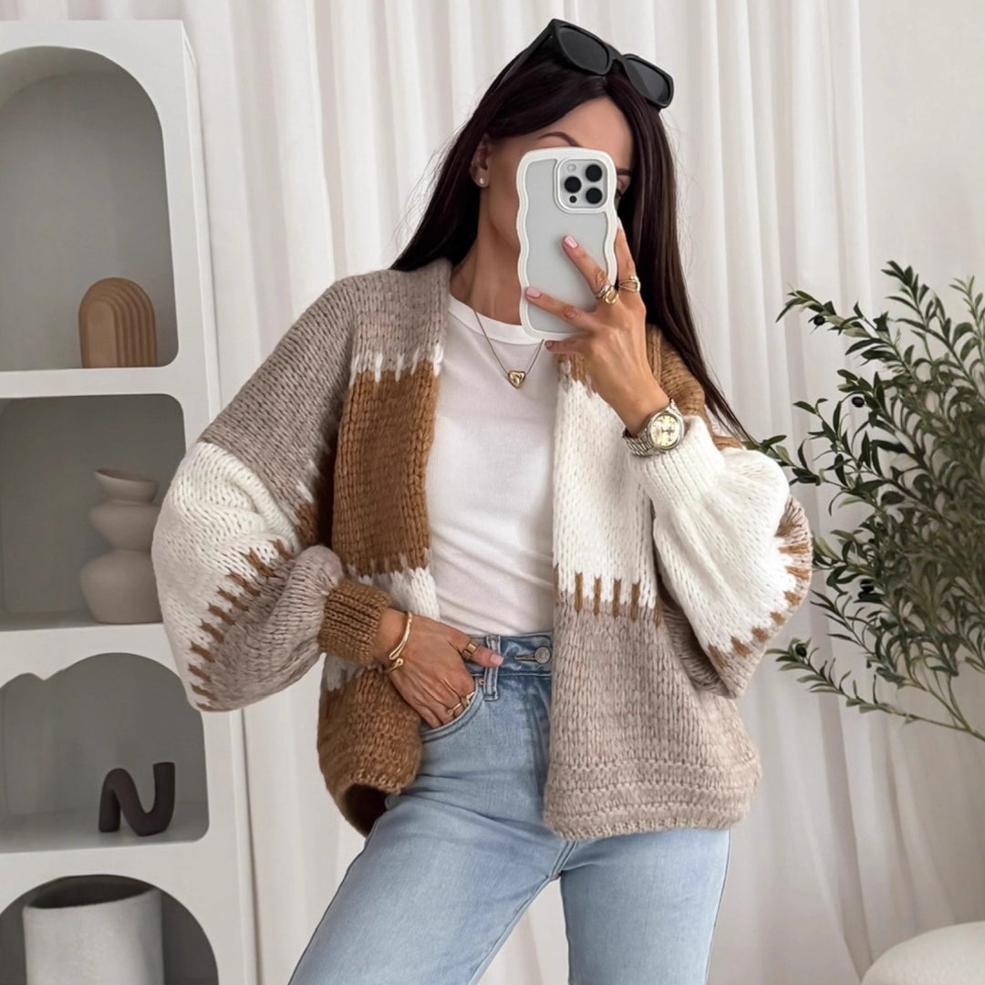 Damen lässige Strickjacke mit voluminösen Ärmeln und geometrischem Muster Drune