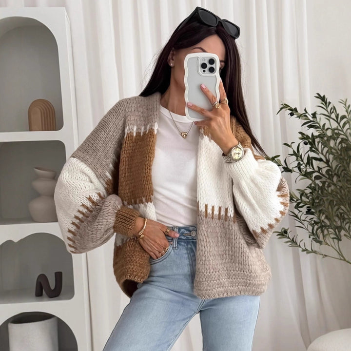 Damen lässige Strickjacke mit voluminösen Ärmeln und geometrischem Muster Drune