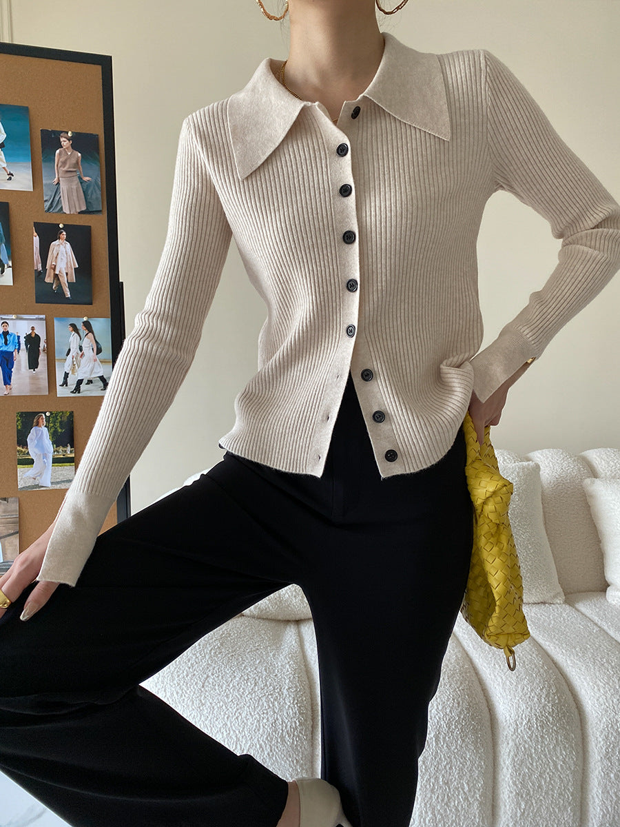 Damen Elegantes Strickoberteil mit großem Kragen Drune