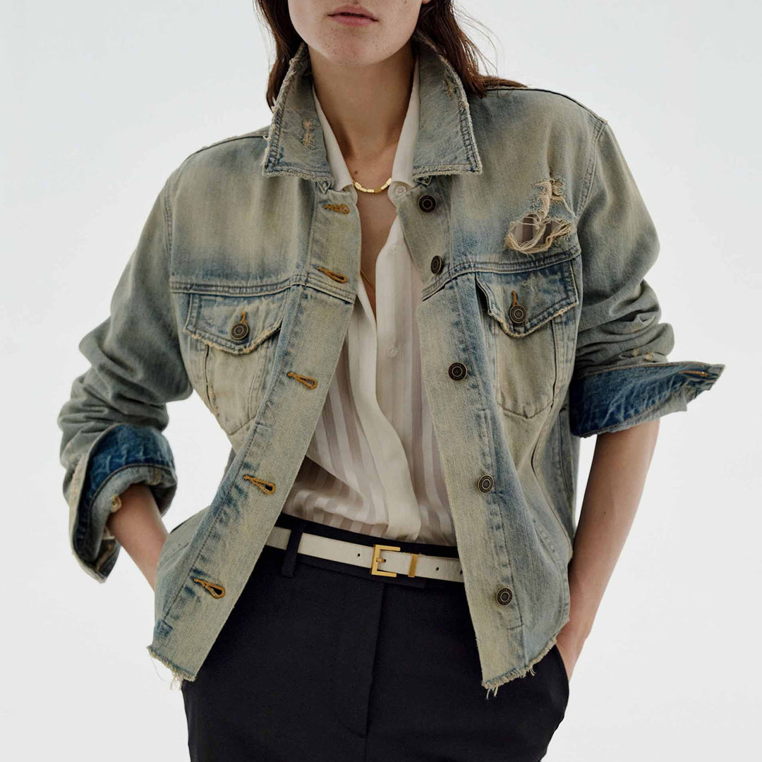 Damen nan oversized Destroyed-Denimjacke mit rohem Saum, aufgesetzten Brusttaschen und vintage Waschung Drune