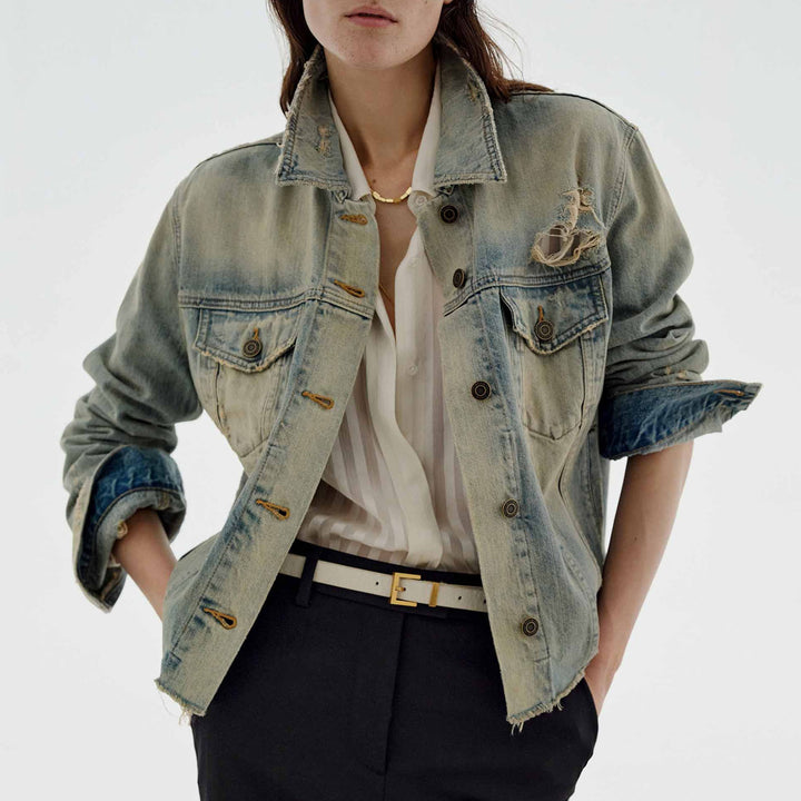 Damen modische Denimjacke im Vintage-Stil mit lässigem Schnitt und fransigen Details Drune