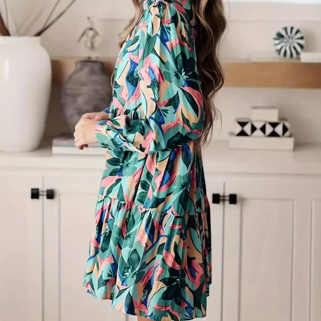Damen luftiges Retro-Kleid mit voluminösen Ärmeln und weiten Falten Drune