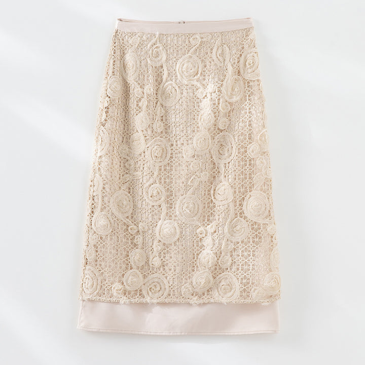 Damen Spitzen-Midirock mit floraler Häkelspitze und blickdichtem Futter Drune