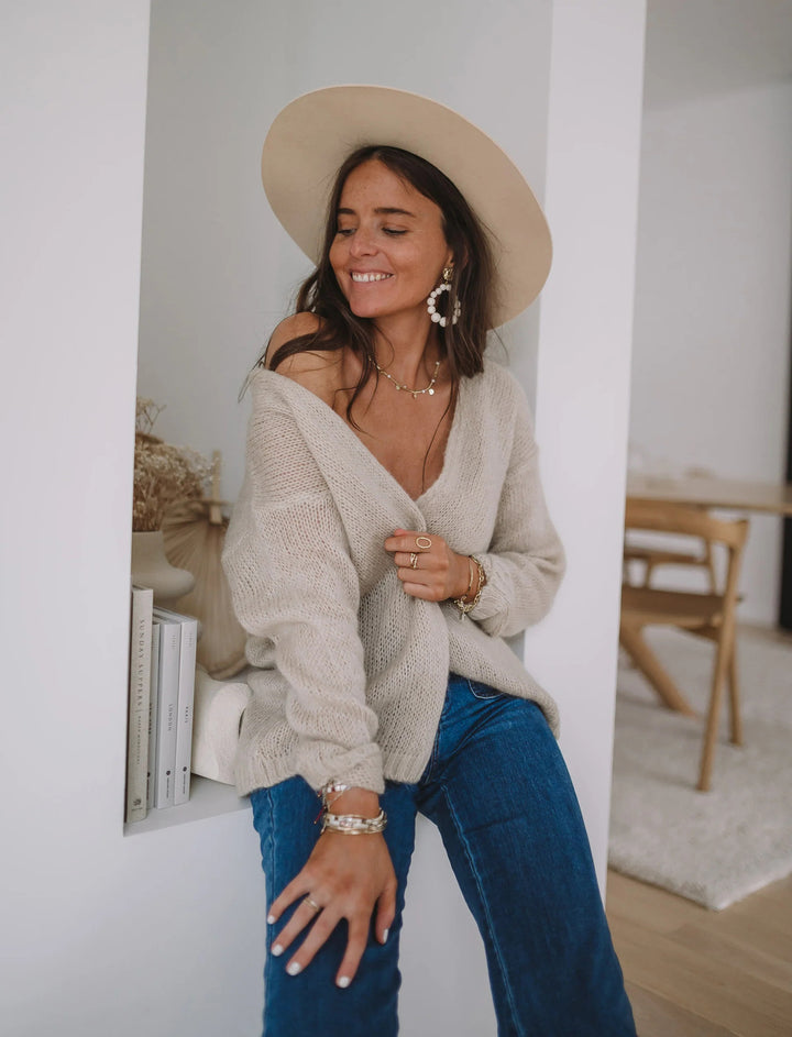 Damen gemütlicher Oversized-Pullover mit tiefem V-Ausschnitt und weicher Textur Drune