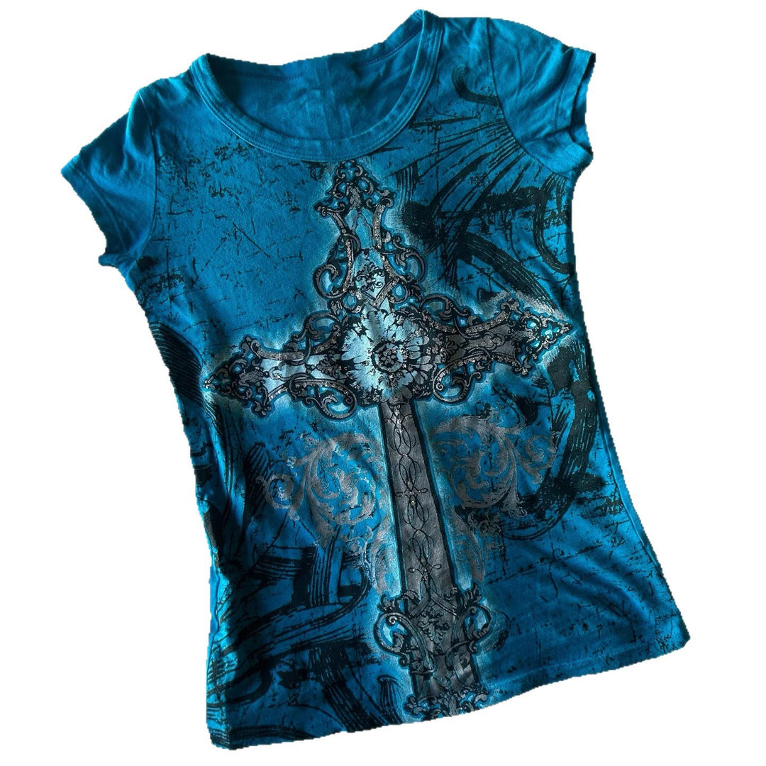 Damen T-Shirt mit grafischem Kreuzdruck und glänzenden Akzenten Drune