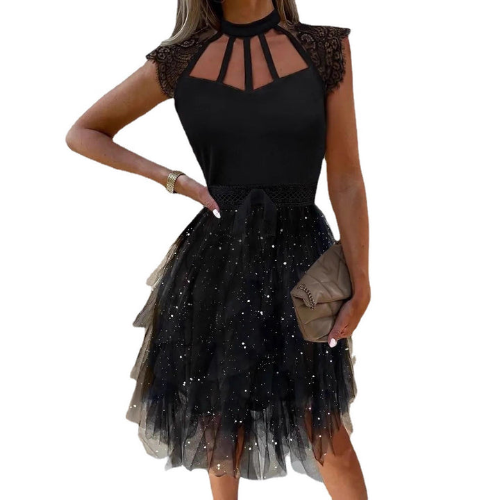 Damen Cocktailkleid mit Spitzenrand und glitzerndem Tüll Drune