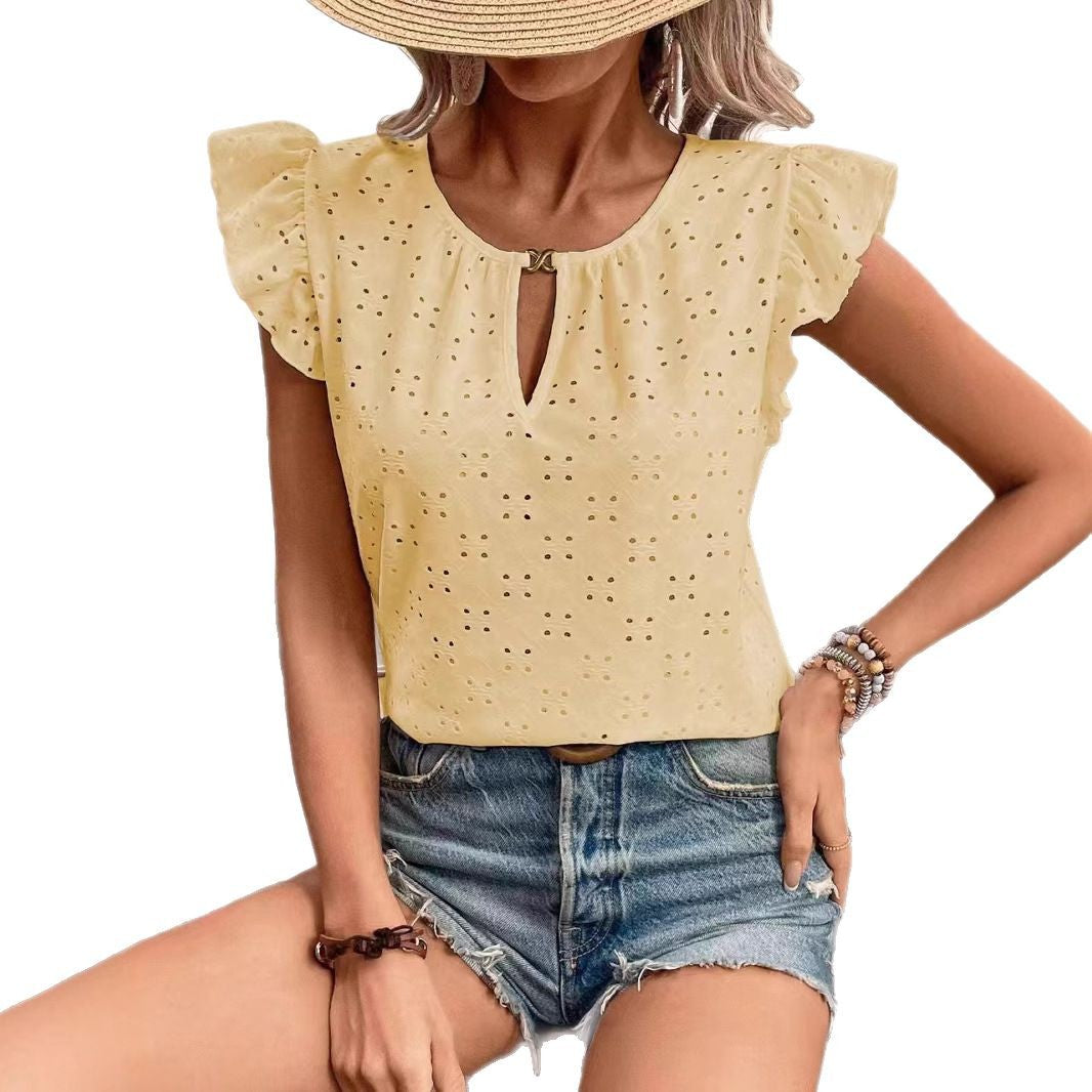 Damen Bluse mit Rüschendetails und Lochstickerei Drune