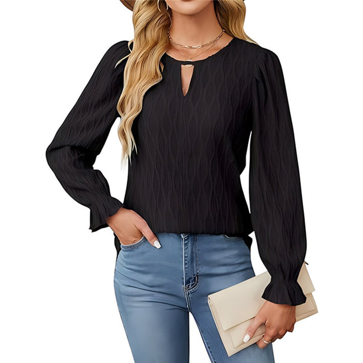 Damen elegantes Langarmshirt mit strukturiertem Stoff und Schlüsselloch-Ausschnitt Drune