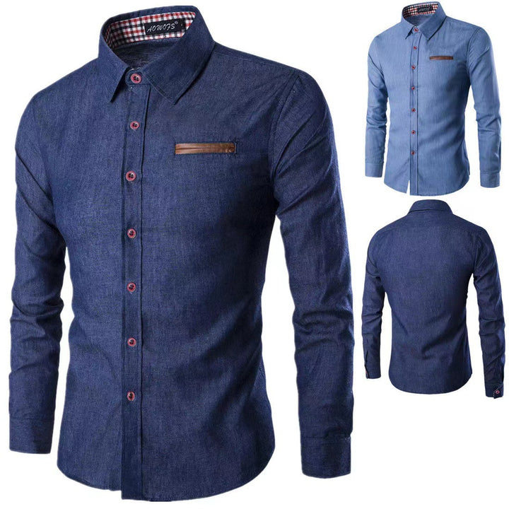 Herren nan Slim-Fit Denim-Hemd mit Brustleistentasche und kariertem Kragenfutter Drune
