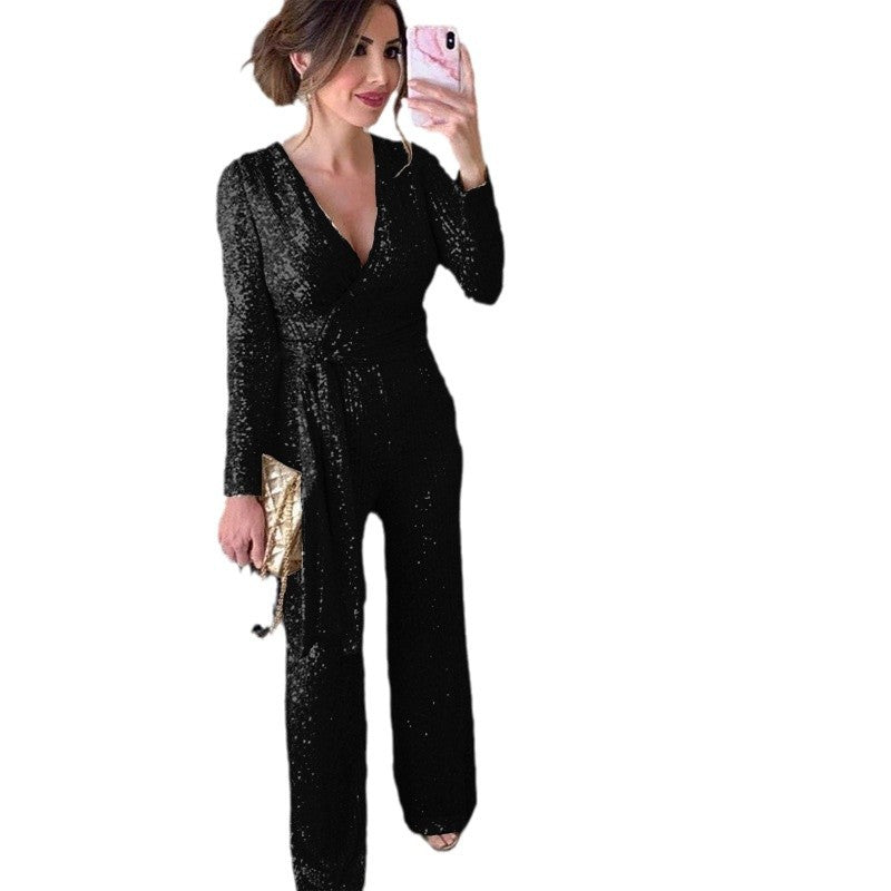 Damen Glamouröser Jumpsuit mit funkelnden Pailletten und elegantem tiefen V-Ausschnitt Drune