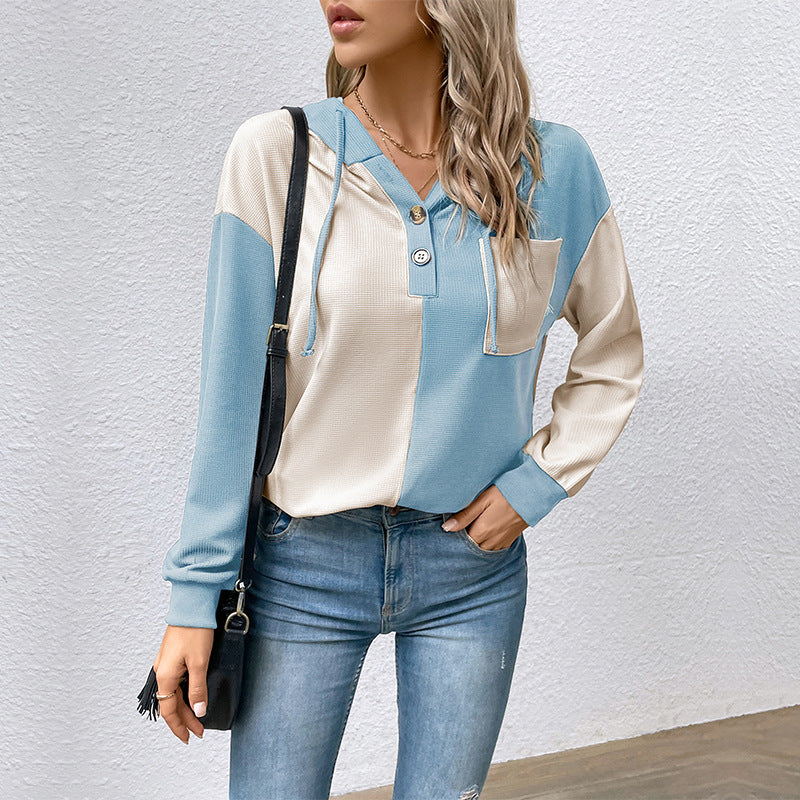 Damen Colorblock-Hoodie mit Waffelstruktur, Knopfleiste und Brusttasche Drune