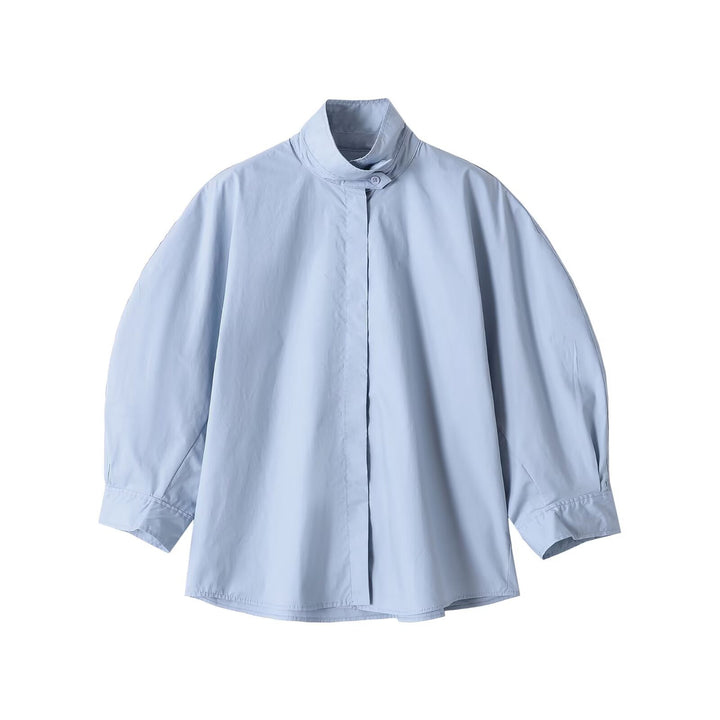 Damen Oversize Bluse mit Stehkragen und verdeckter Knopfleiste Drune
