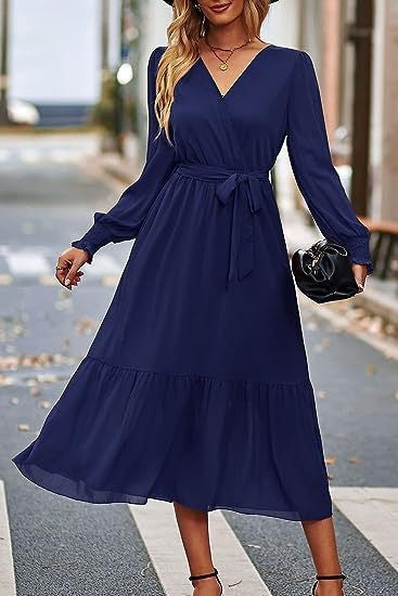Damen Midi-Kleid mit elegantem V-Ausschnitt und Bindegürtel Drune