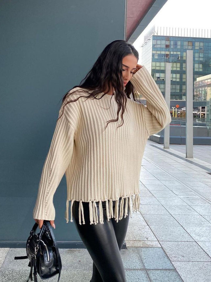 Damen Grob gestrickter Pullover mit Fransen Drune
