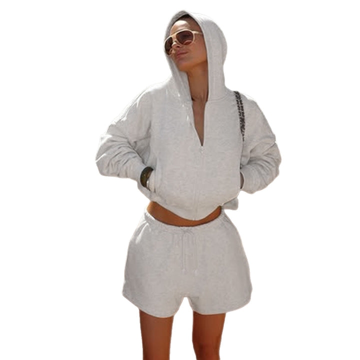 Damen nan kurzes Kapuzen-Hoodie und Drawstring-Shorts Lounge-Set mit durchgehendem Reißverschluss und taillenhohem Bindebund Drune