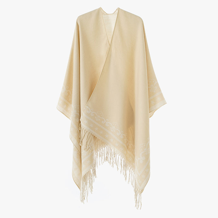 Damen Grobgewebter Jacquard-Umhang im Oversize mit Zipfelsaum und Fransensaum Drune