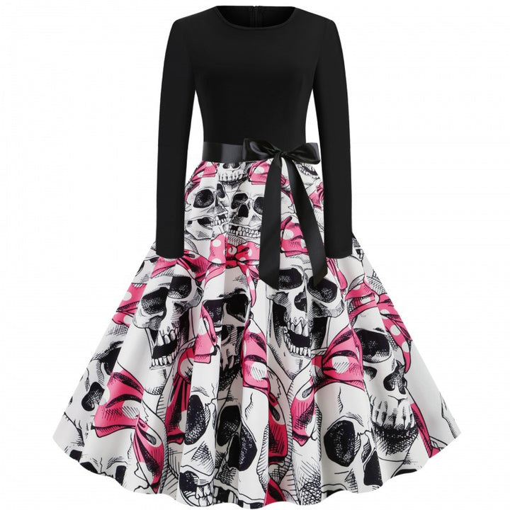 Damen Vintage Swingkleid mit Kürbisprint, langärmlig und taillierter Satinschleife Drune