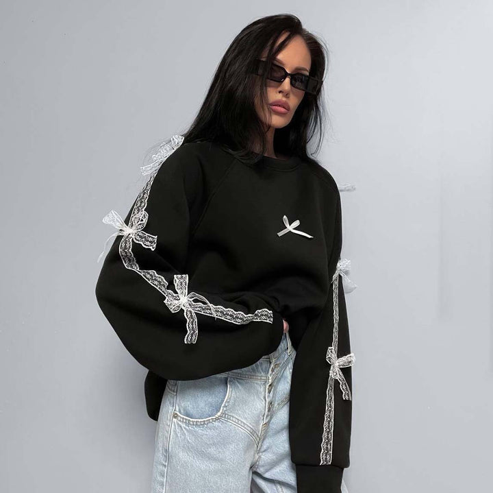 Damen elegantes Sweatshirt mit einzigartigen Bindegürteln Drune